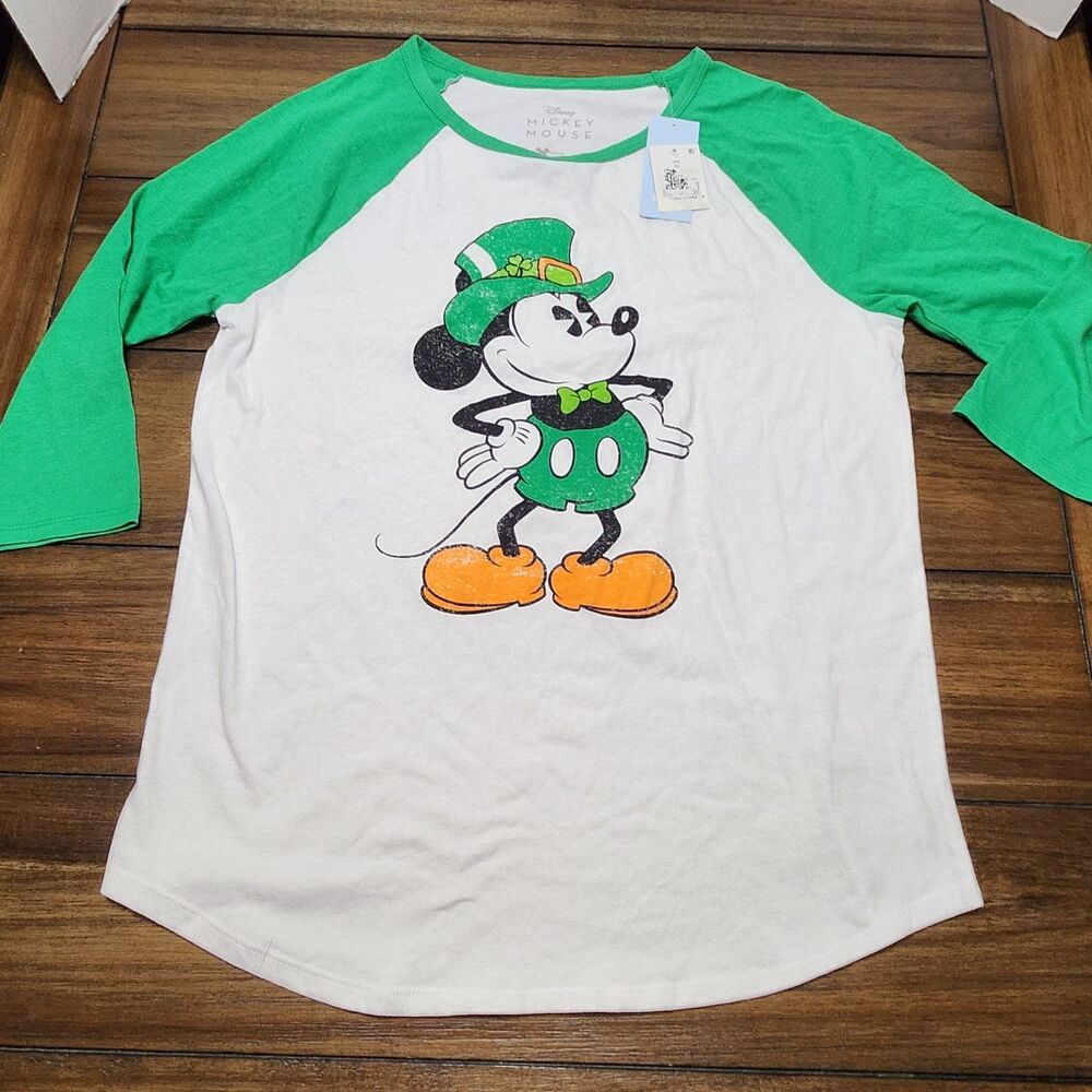 Disney Mickey Mouse St, Patrick Day T  Green/White XL NWT